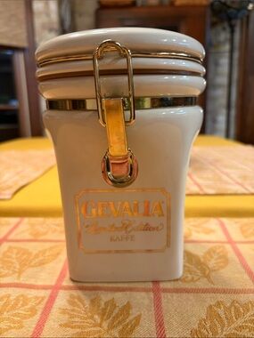 Gevalia White Ceramic Coffee Canister with Gold Accent Hardware